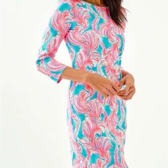 Lilly Pulitzer Charley Dress Size L 3/4 Sleeve Casual Cotton Pink Blue - Picture 2 of 8